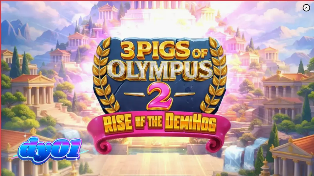 Tampilan visual slot 3 Pigs of Olympus 2 dengan latar belakang Gunung Olympus dan karakter babi mitologi.
